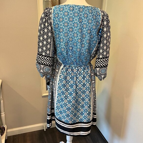 LOFT Blue & Black Ocean Mosaic Tassel Tie Midi Dress, Size Small - Picture 13 of 16